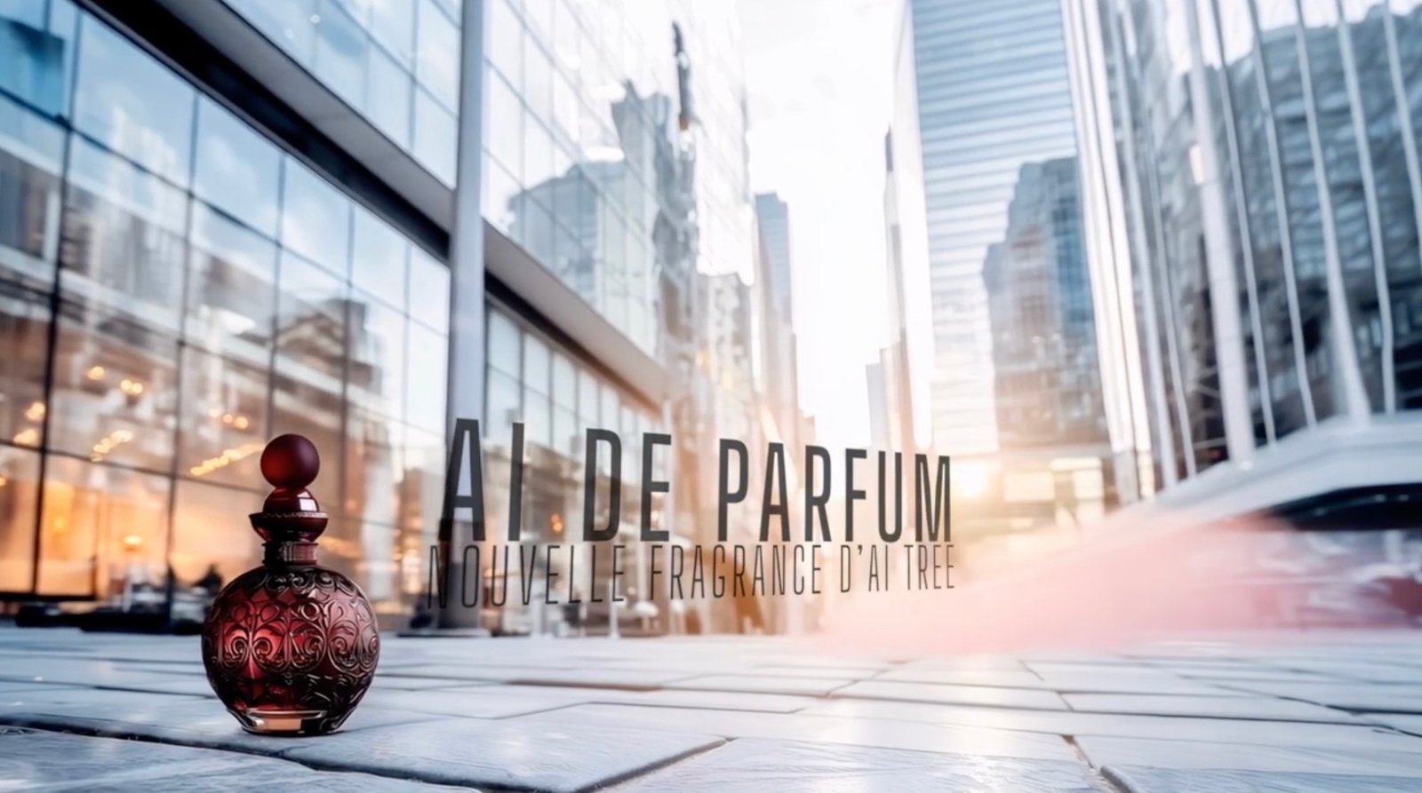 Flacone di profumo davanti a una città per AI de Parfum