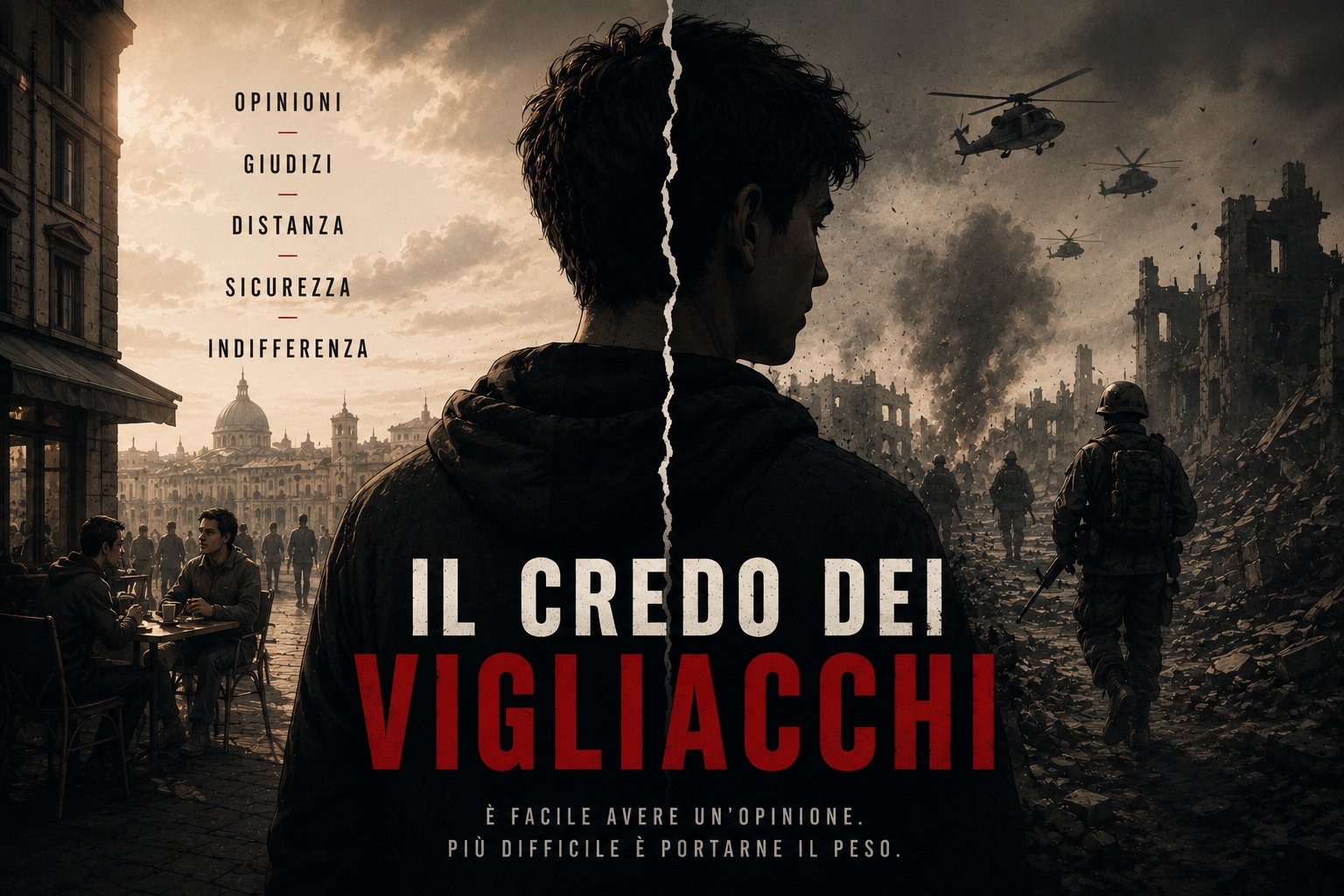 Vita quotidiana e scenario di guerra nella copertina de Il Credo dei Vigliacchi