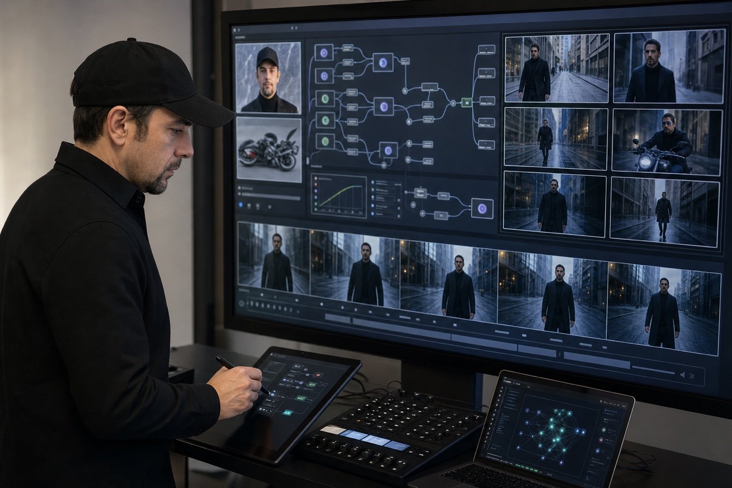Creator al lavoro su un flusso professionale di generazione video AI