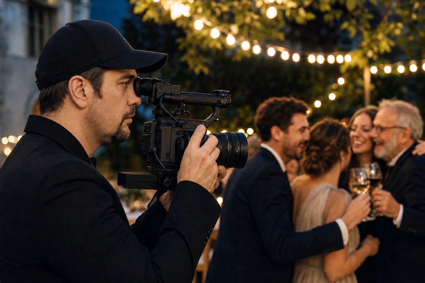 Videomaker che filma un momento autentico durante una celebrazione