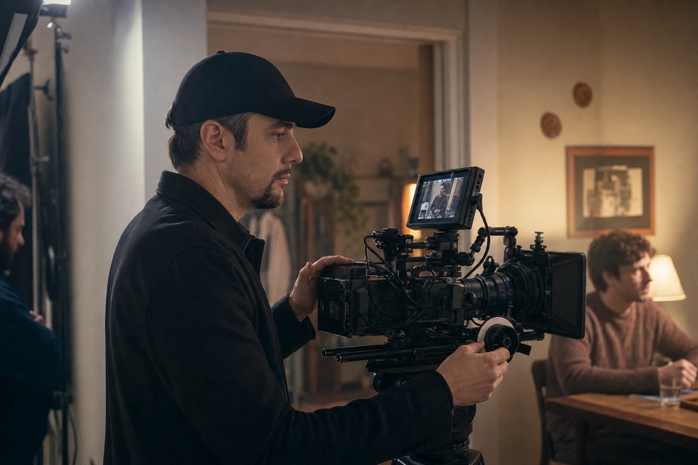 Regista e troupe durante le riprese di una scena cinematografica