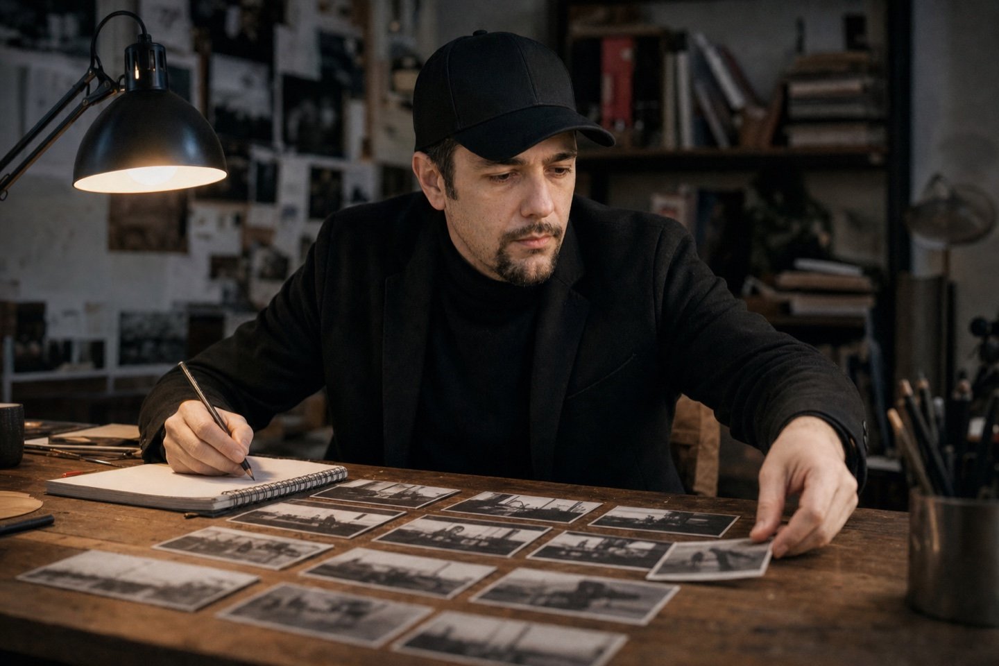 Autore mentre costruisce una storia attraverso appunti e storyboard